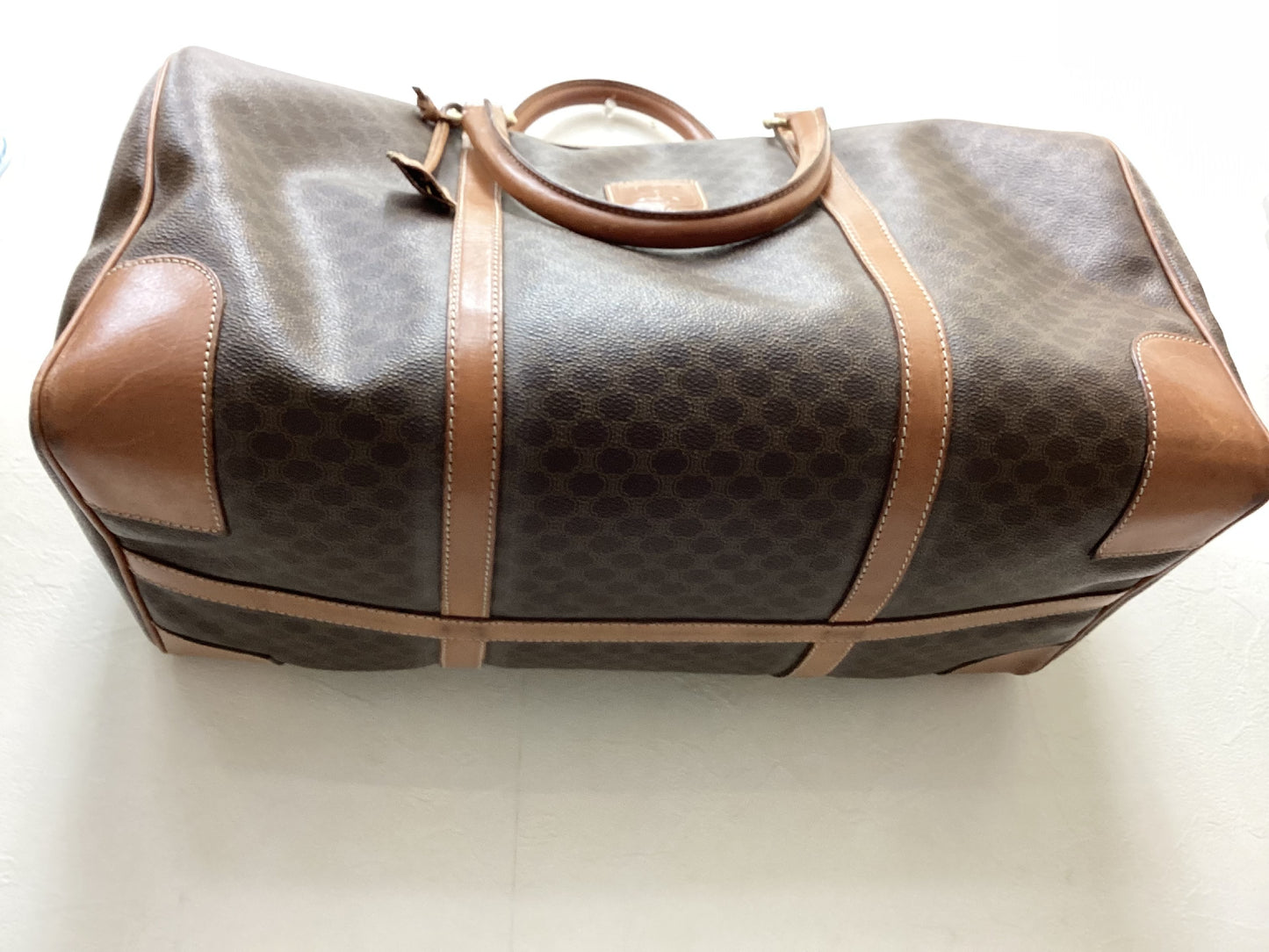 CELINE PVC and Leather Macadam Print Boston Bag, Extra Large, 45cm Wide, Includes Padlock, Key, and Cloche