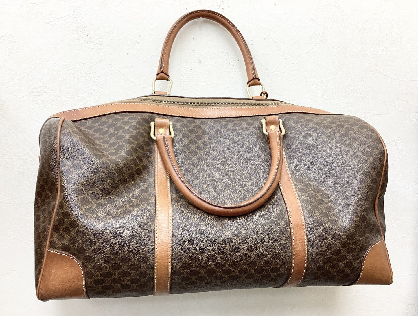 CELINE PVC and Leather Macadam Print Boston Bag, Extra Large, 45cm Wide, Includes Padlock, Key, and Cloche