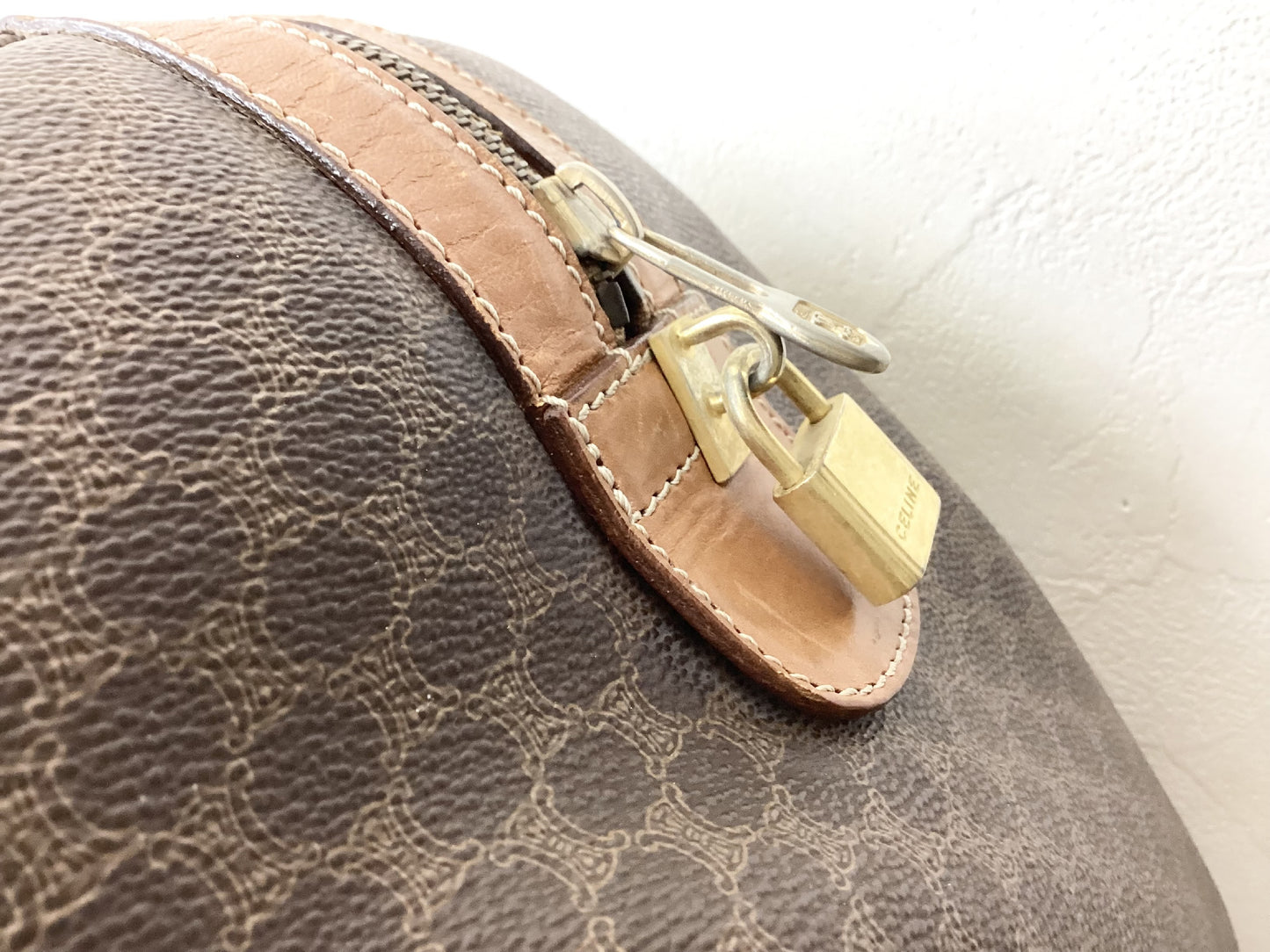 CELINE PVC and Leather Macadam Print Boston Bag, Extra Large, 45cm Wide, Includes Padlock, Key, and Cloche