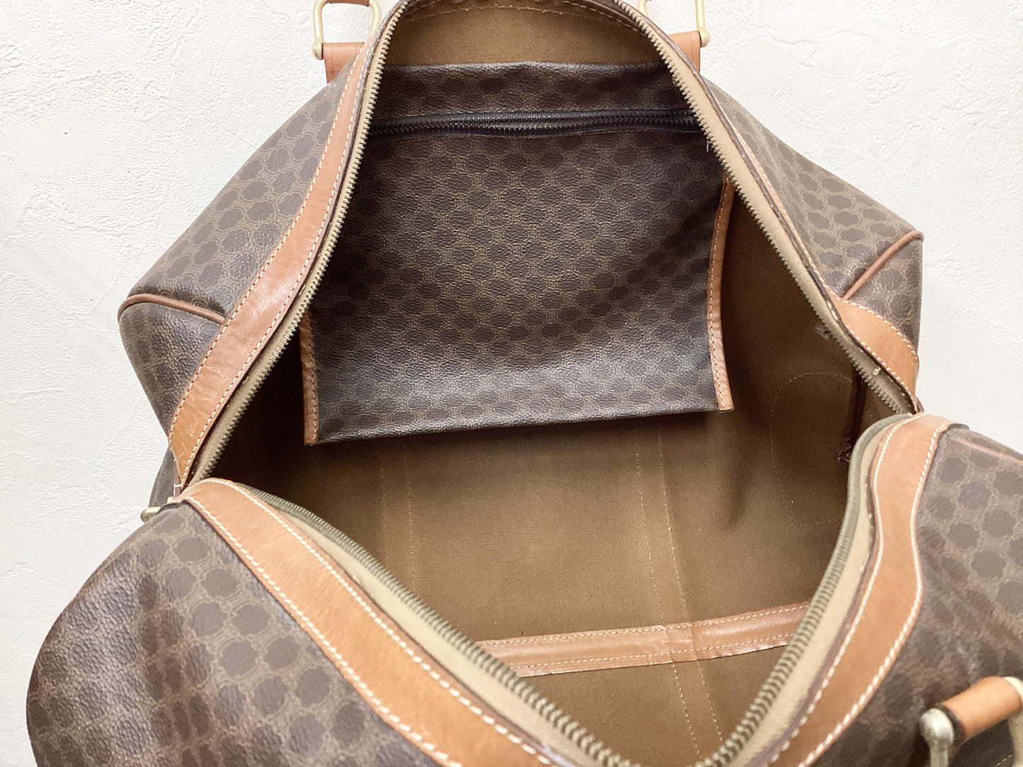 CELINE PVC and Leather Macadam Print Boston Bag, Extra Large, 45cm Wide, Includes Padlock, Key, and Cloche