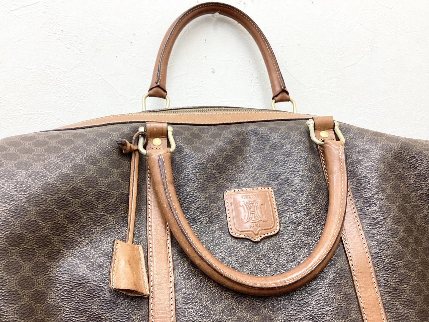 CELINE PVC and Leather Macadam Print Boston Bag, Extra Large, 45cm Wide, Includes Padlock, Key, and Cloche