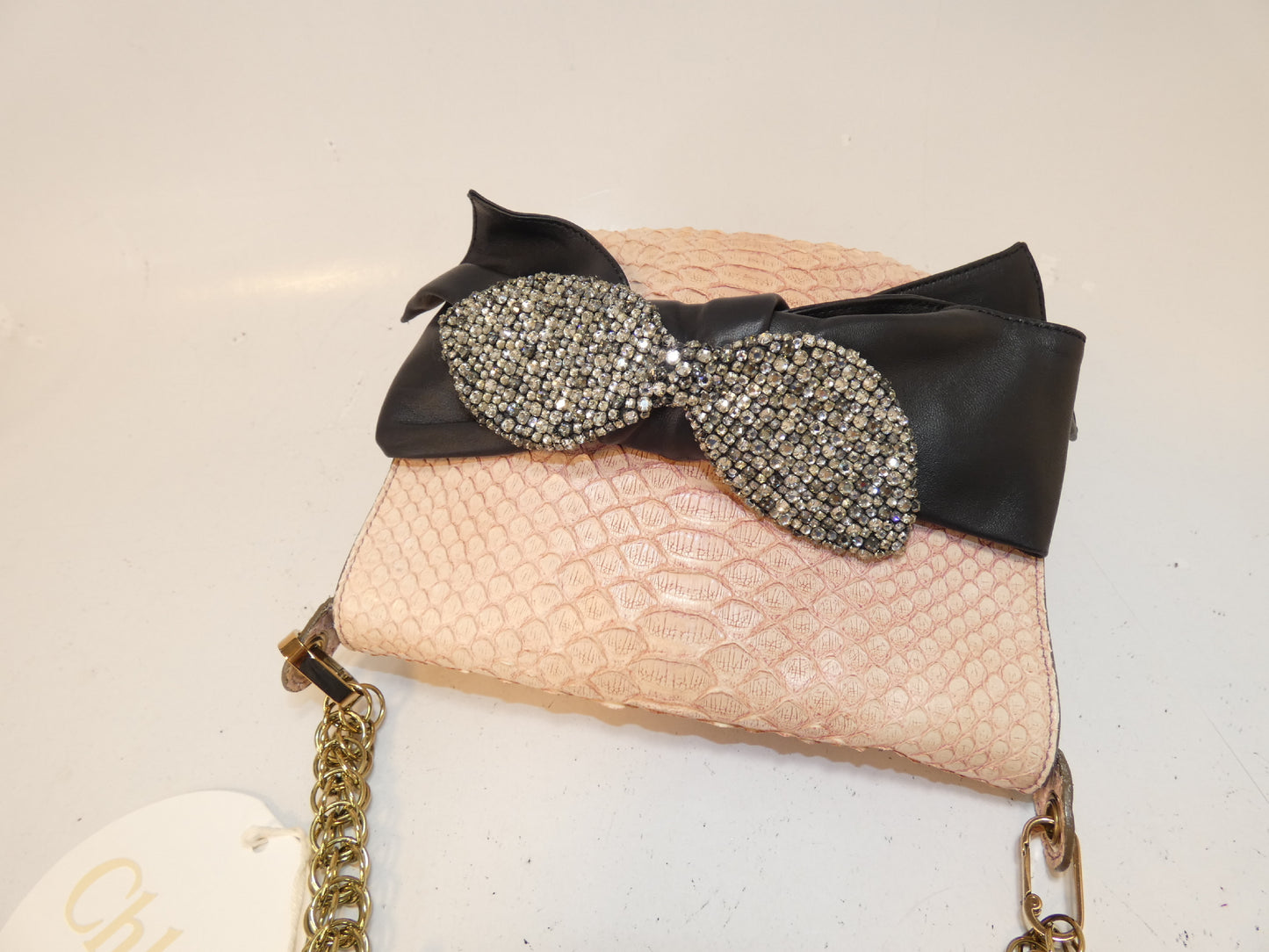 Chloe Python Print Ribbon Beaded Chain Shoulder Bag