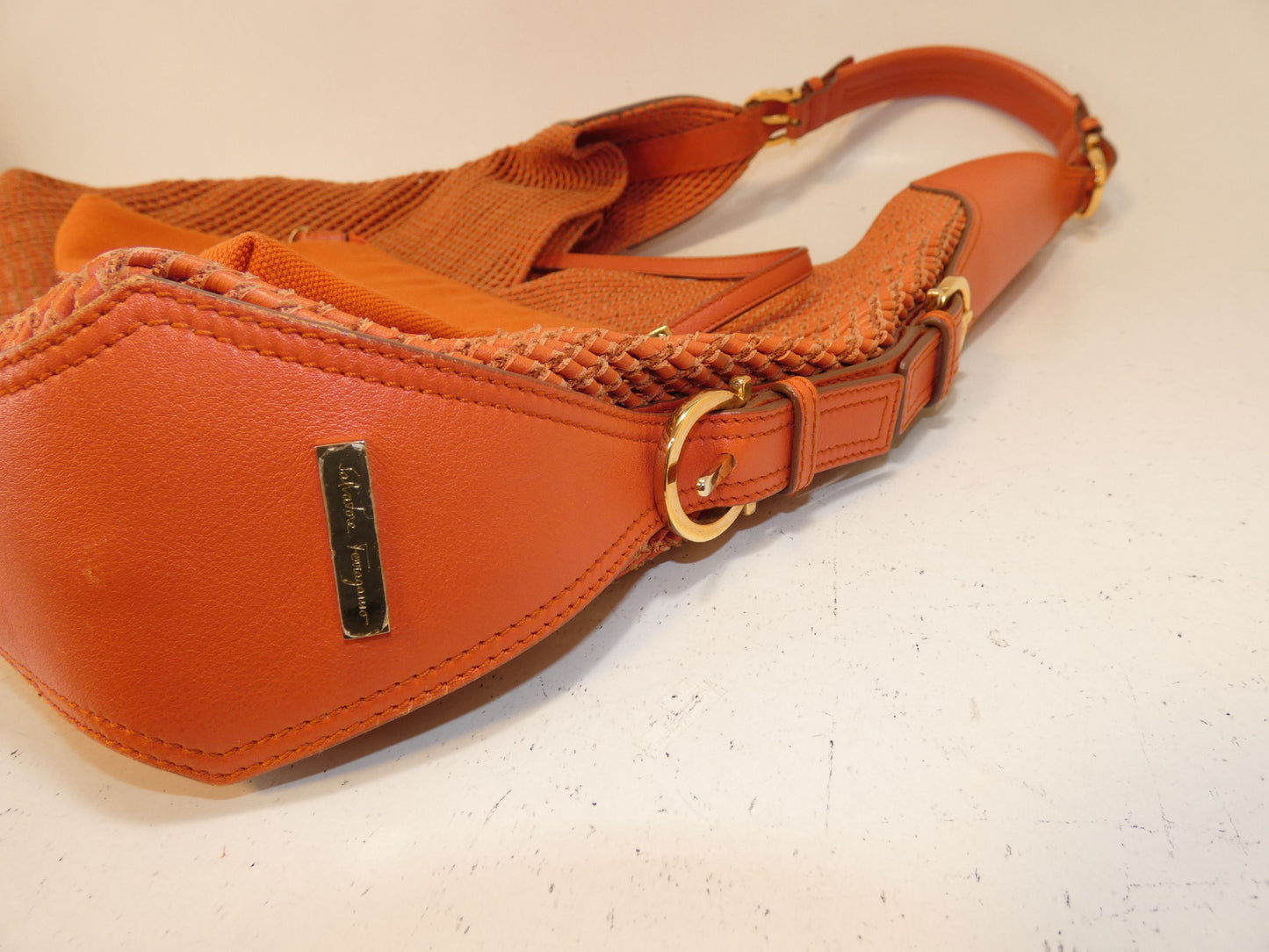 Salvatore Ferragamo Leather Braided Gancini One-Hand Shoulder Bag with Orange Pouch