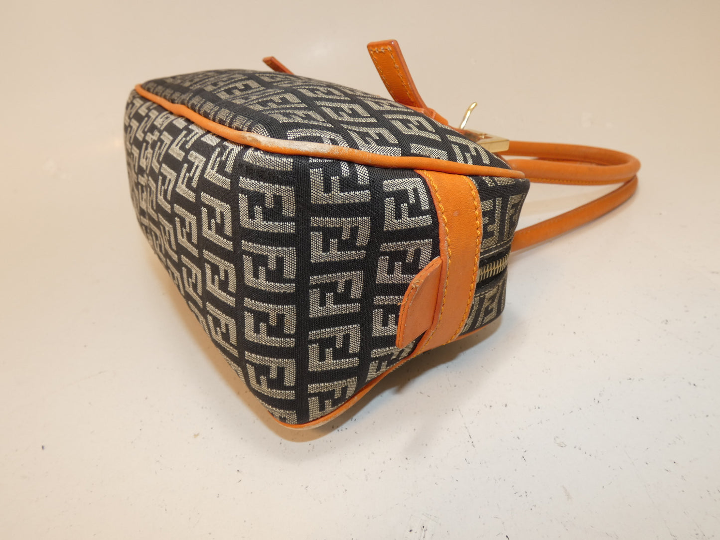 FENDI Zucchino Canvas and Leather Two-Tone Boston Bag