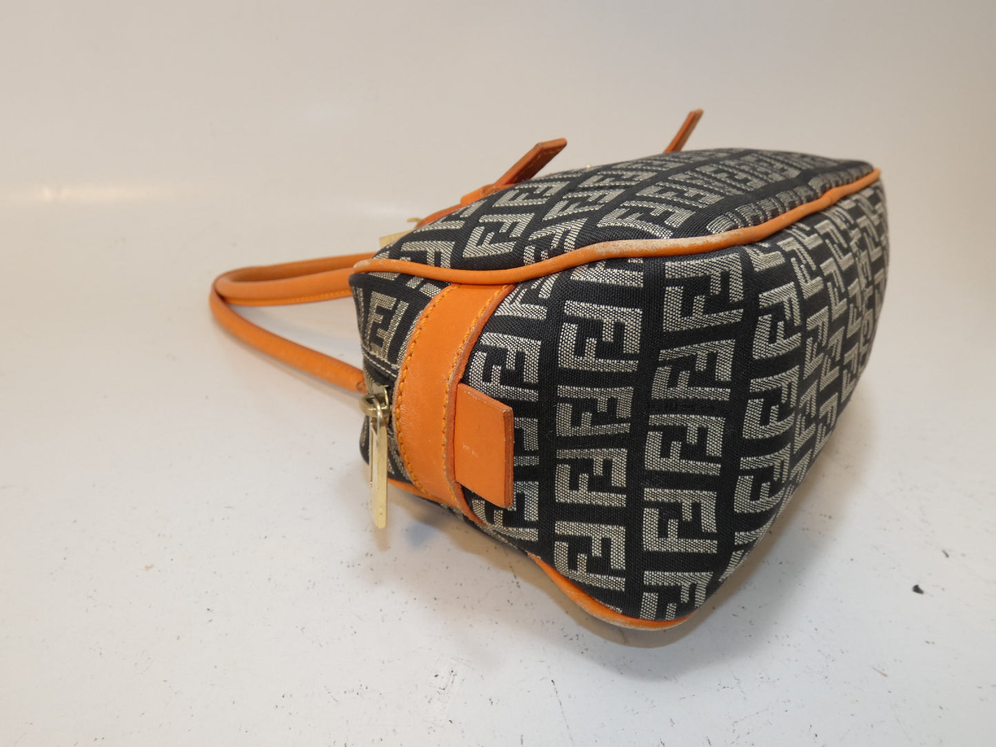 FENDI Zucchino Canvas and Leather Two-Tone Boston Bag