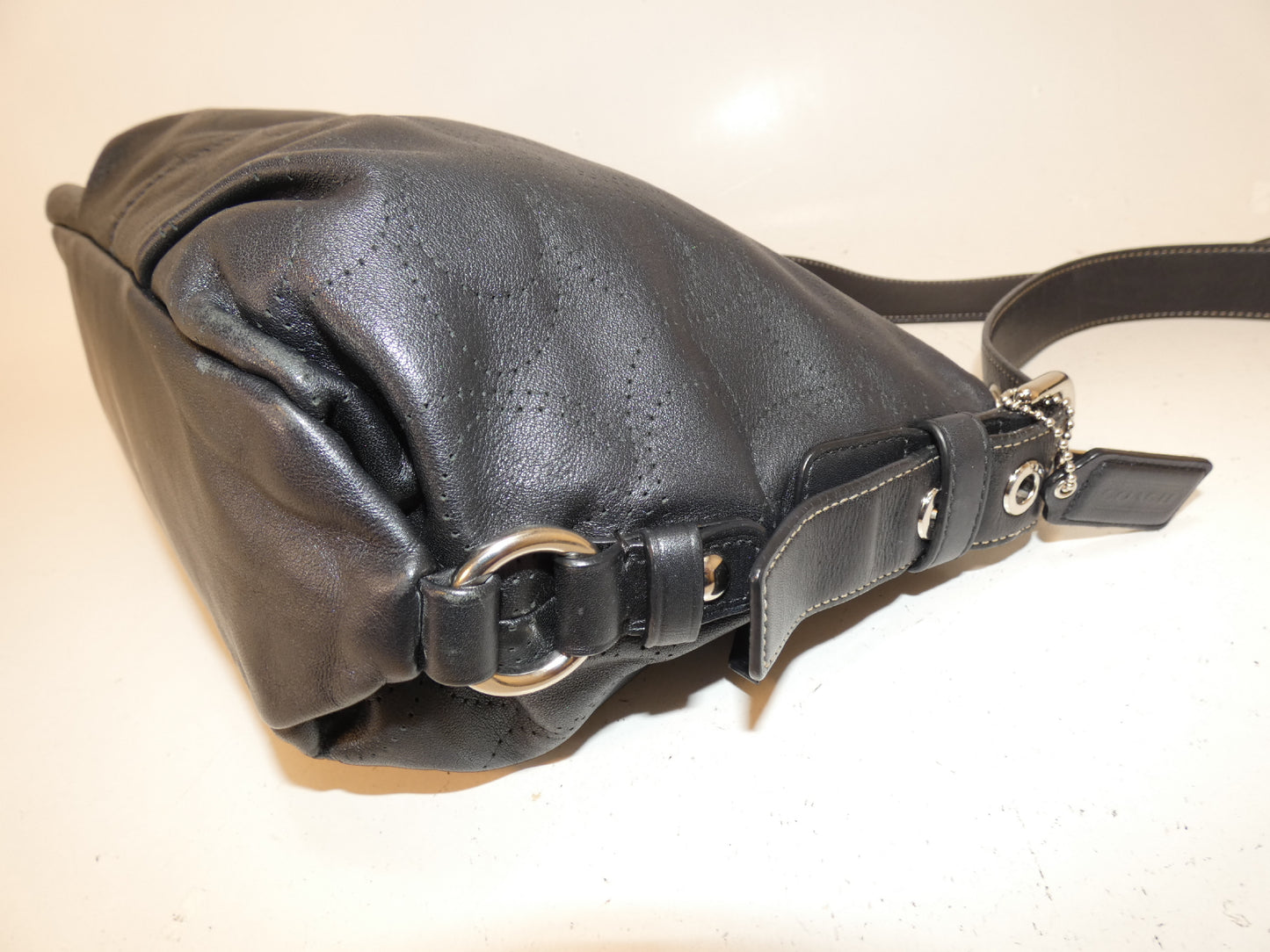 COACH Signature Perforated Black Leather Shoulder Bag