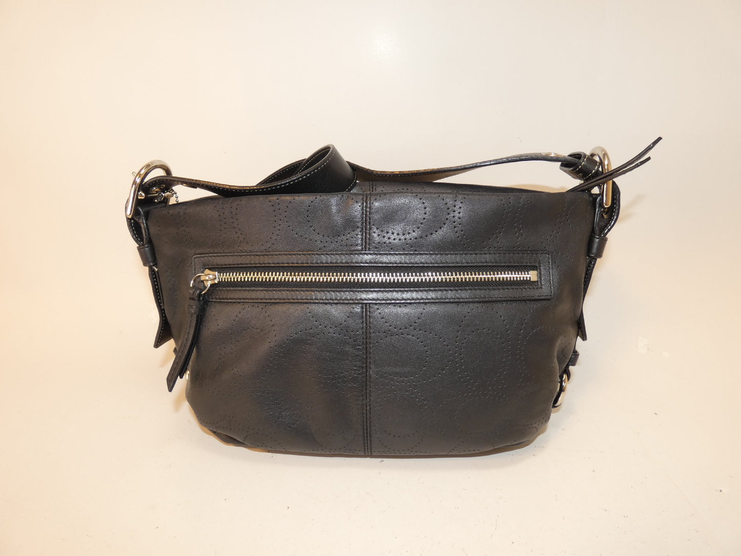 COACH Signature Perforated Black Leather Shoulder Bag