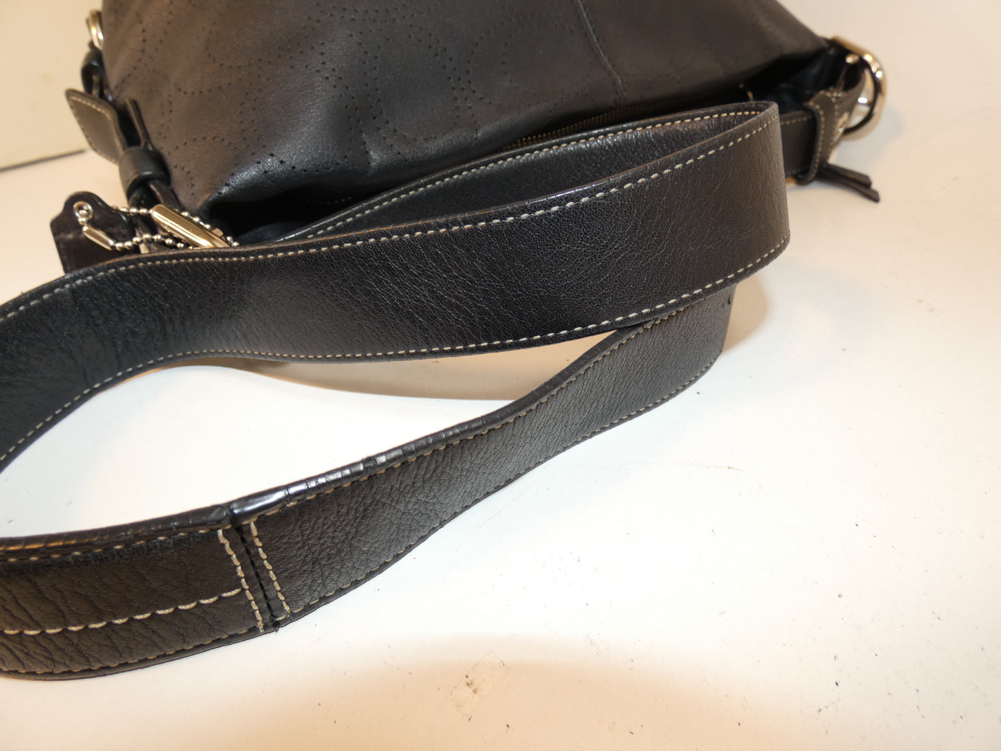 COACH Signature Perforated Black Leather Shoulder Bag