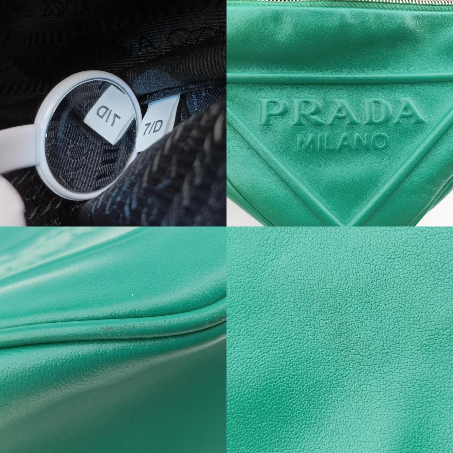 PRADA Triangle Embossed Logo Green Leather Shoulder Bag 1BH1907/D
