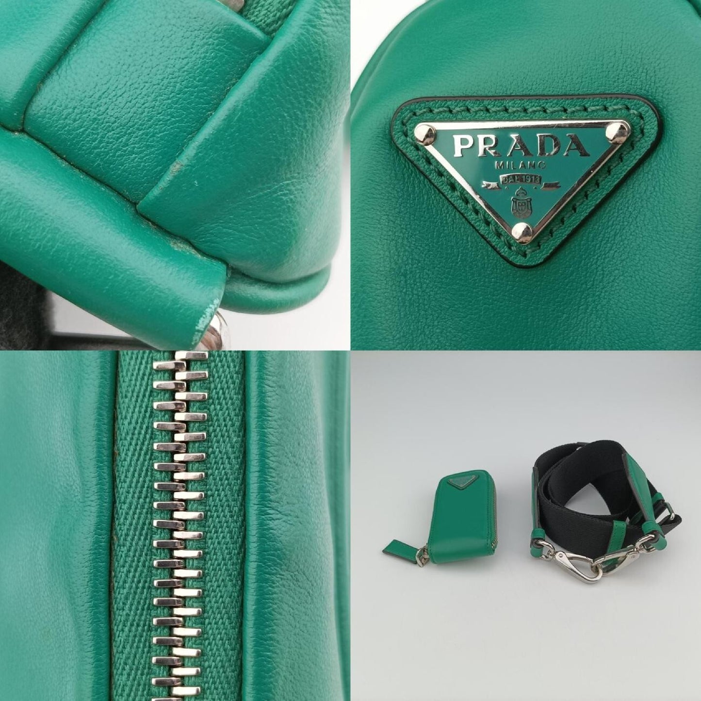PRADA Triangle Embossed Logo Green Leather Shoulder Bag 1BH1907/D
