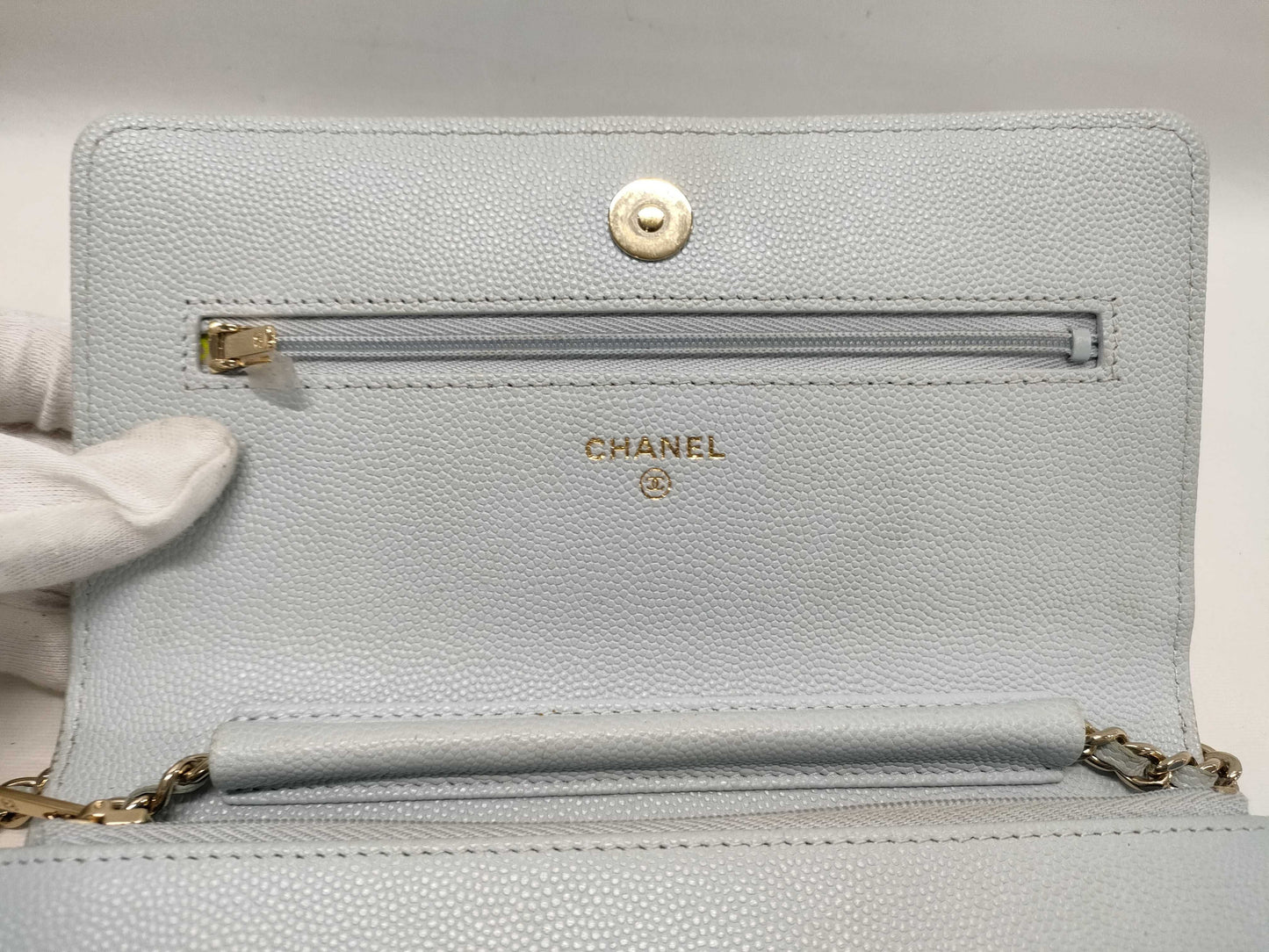 CHANEL Caviar Leather Matelasse Chain Wallet Light Blue Shoulder Bag
