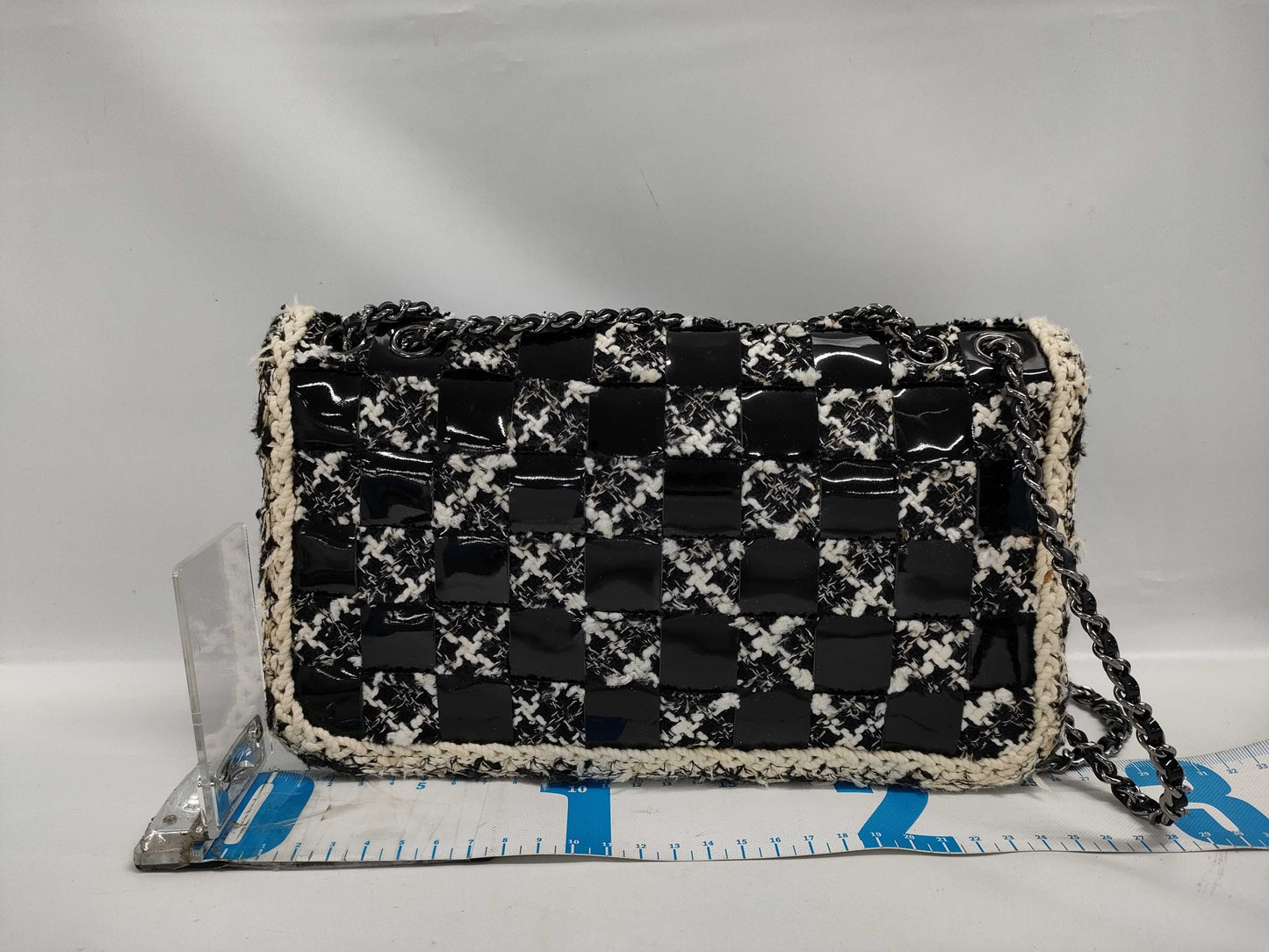 CHANEL Patent Tweed Single Flap Chain Shoulder Bag in Black