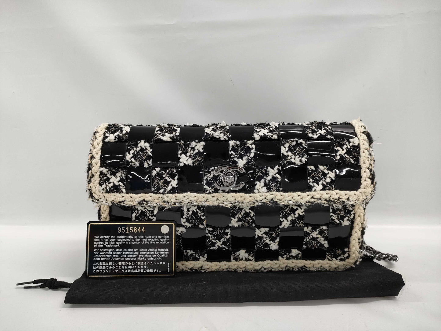 CHANEL Patent Tweed Single Flap Chain Shoulder Bag in Black