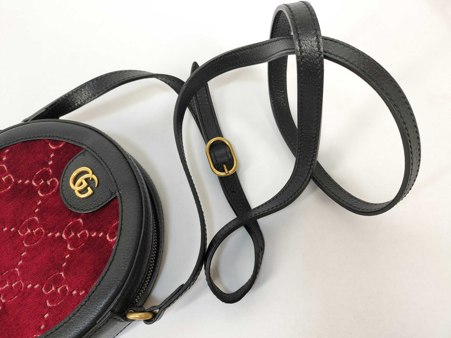 GUCCI GG Velvet Round Shoulder Bag with Leather, Red, 574978