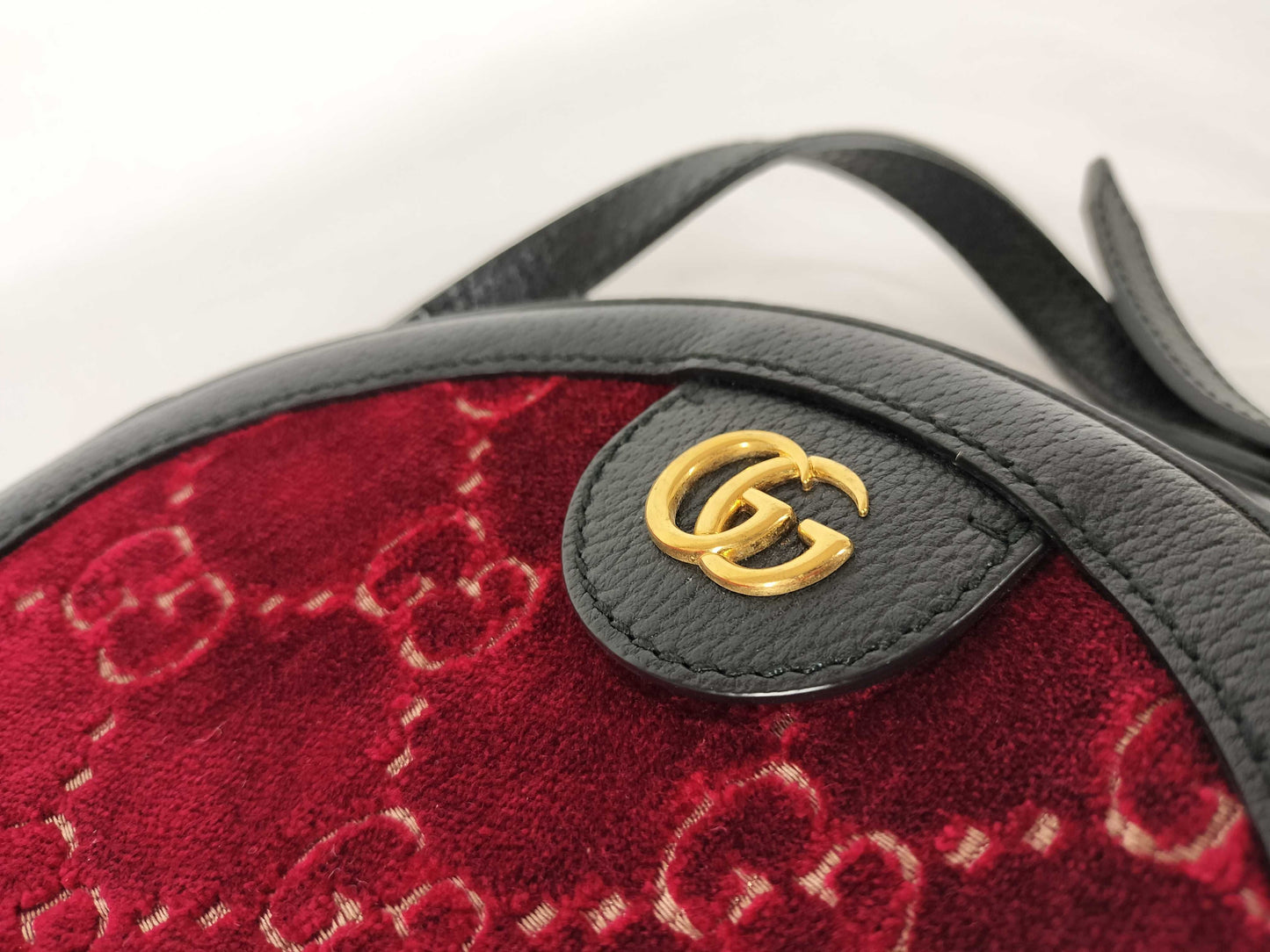 GUCCI GG Velvet Round Shoulder Bag with Leather, Red, 574978