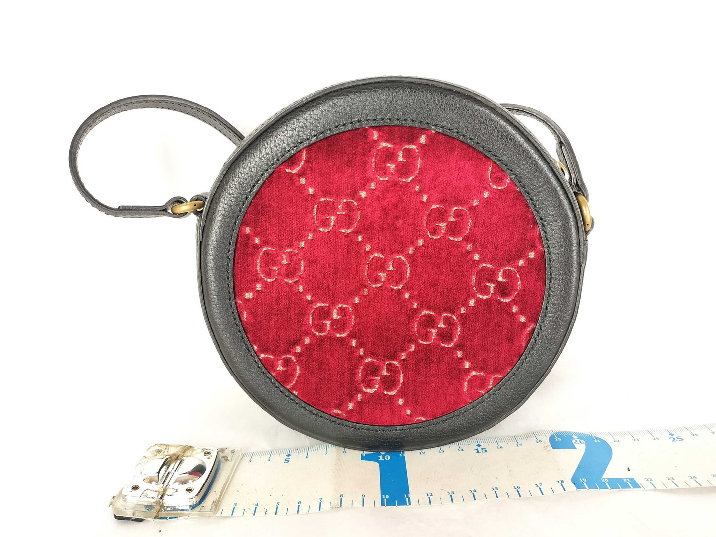 GUCCI GG Velvet Round Shoulder Bag with Leather, Red, 574978