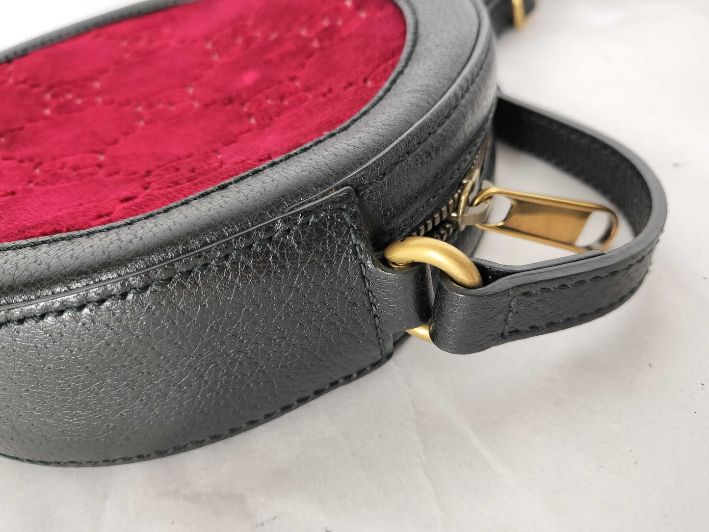 GUCCI GG Velvet Round Shoulder Bag with Leather, Red, 574978