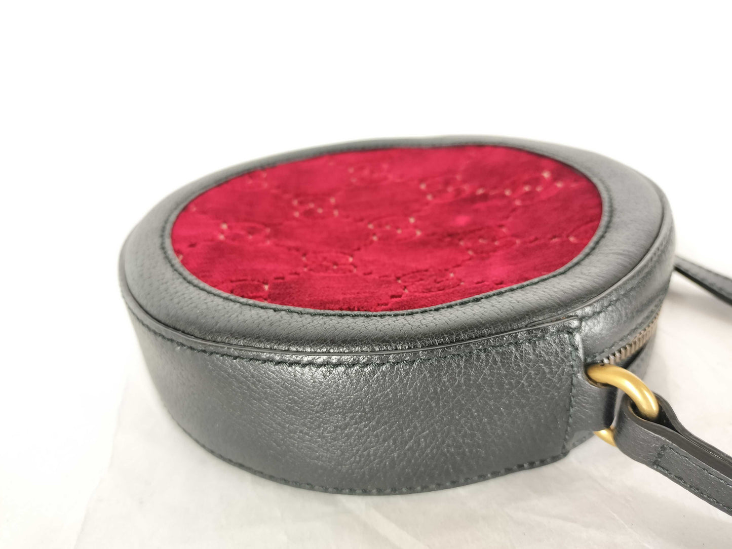 GUCCI GG Velvet Round Shoulder Bag with Leather, Red, 574978