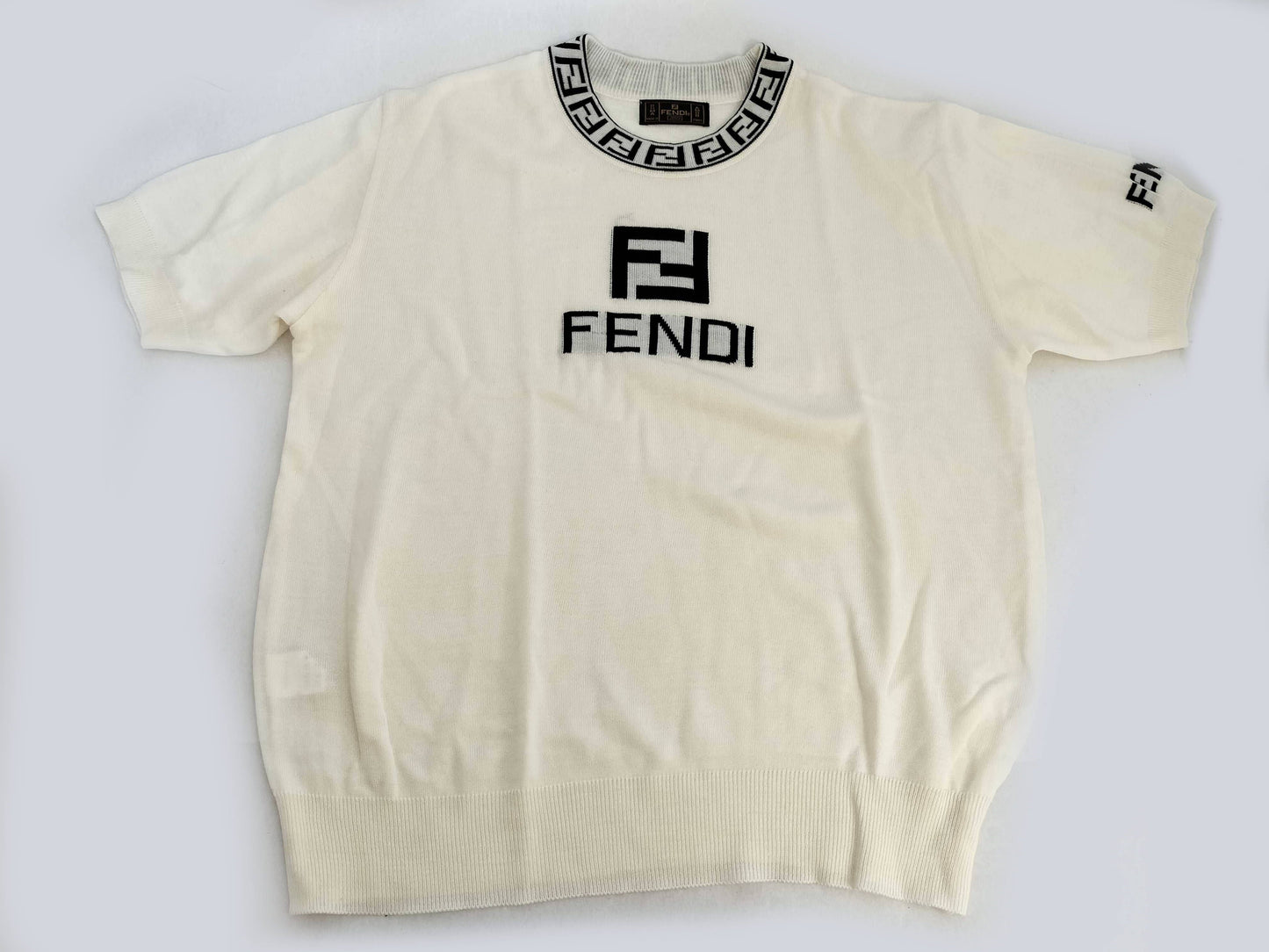 FENDI FENDI Logo Summer Knit Short Sleeve Knit Top Ivory Off-White