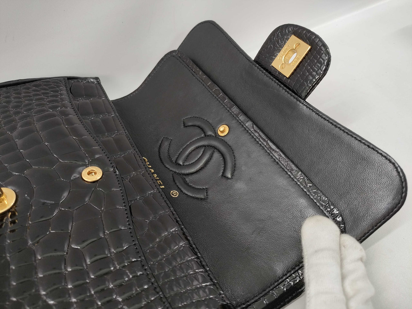 CHANEL Double Flap Crocodile Black GP Shoulder Bag