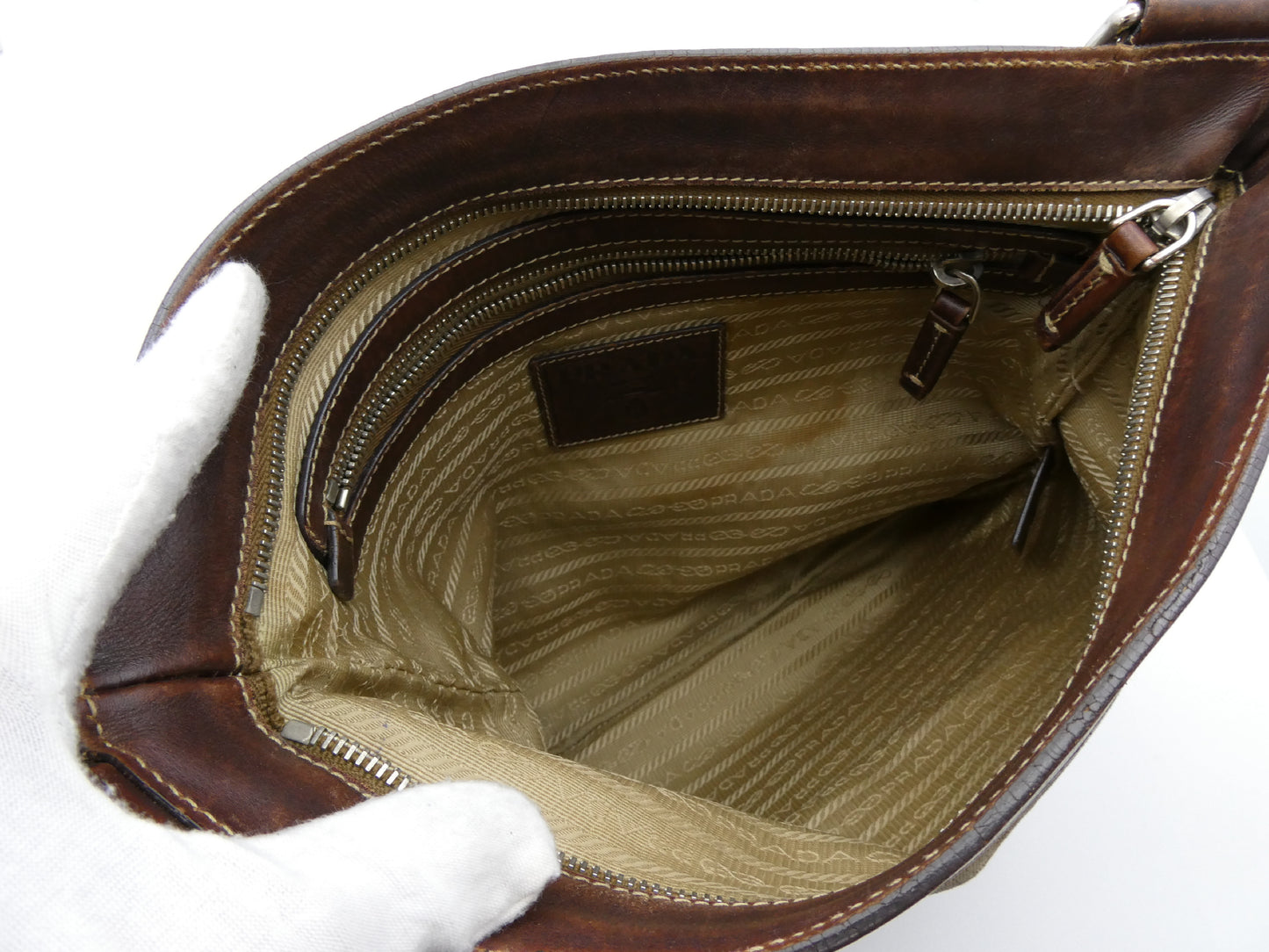 PRADA Logo Jacquard Canvas and Leather Shoulder Bag