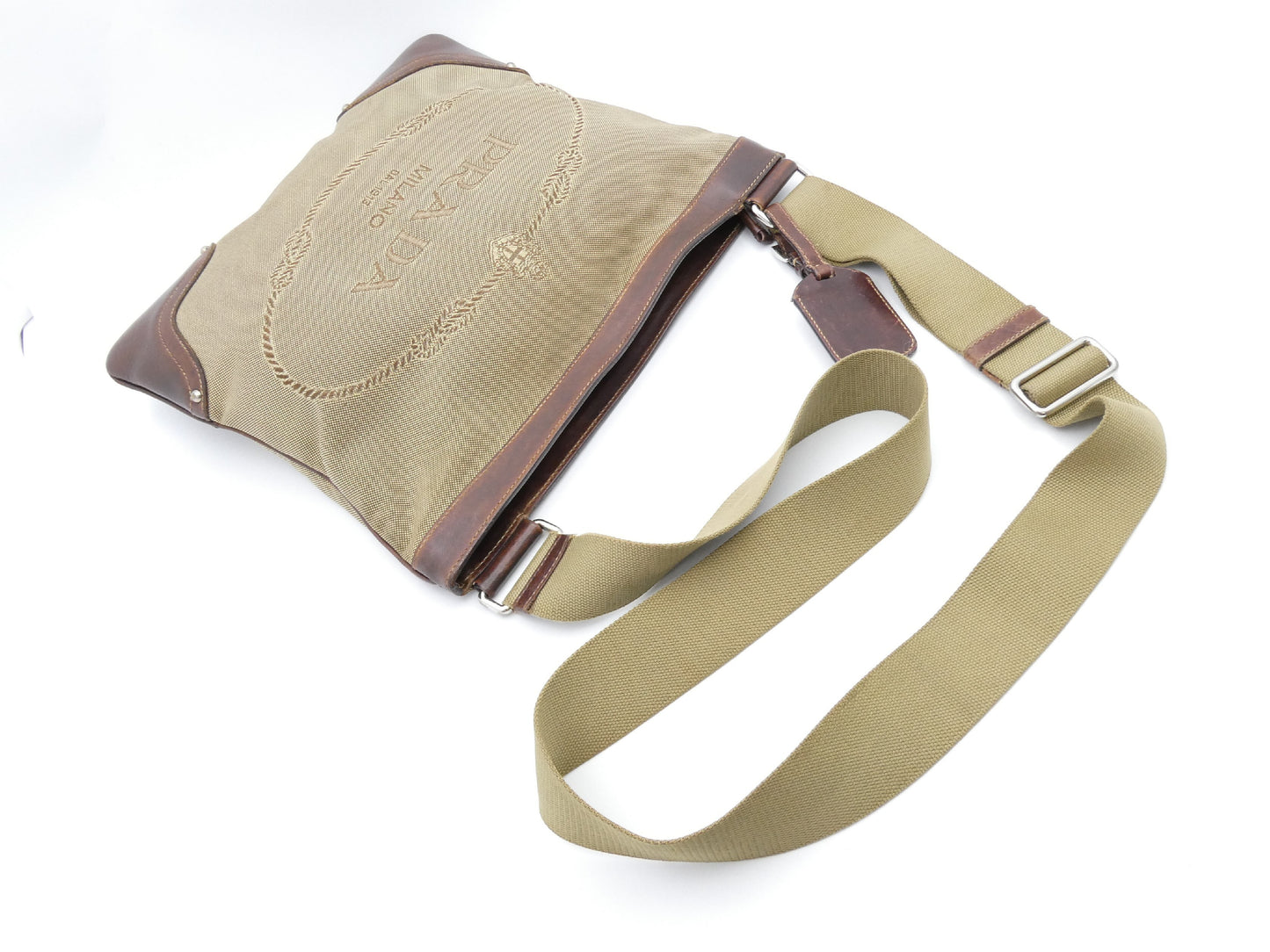 PRADA Logo Jacquard Canvas and Leather Shoulder Bag