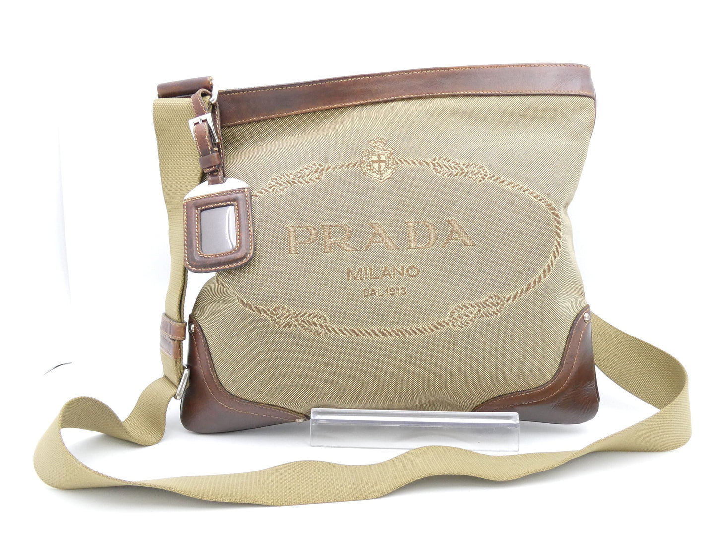 PRADA Logo Jacquard Canvas and Leather Shoulder Bag