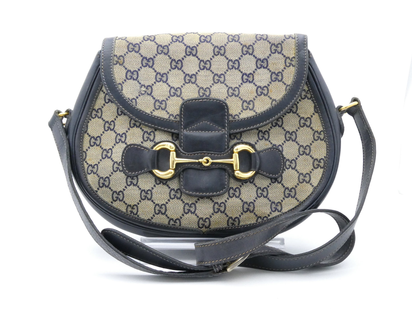 GUCCI Horsebit Hardware GG Canvas Leather Shoulder Bag