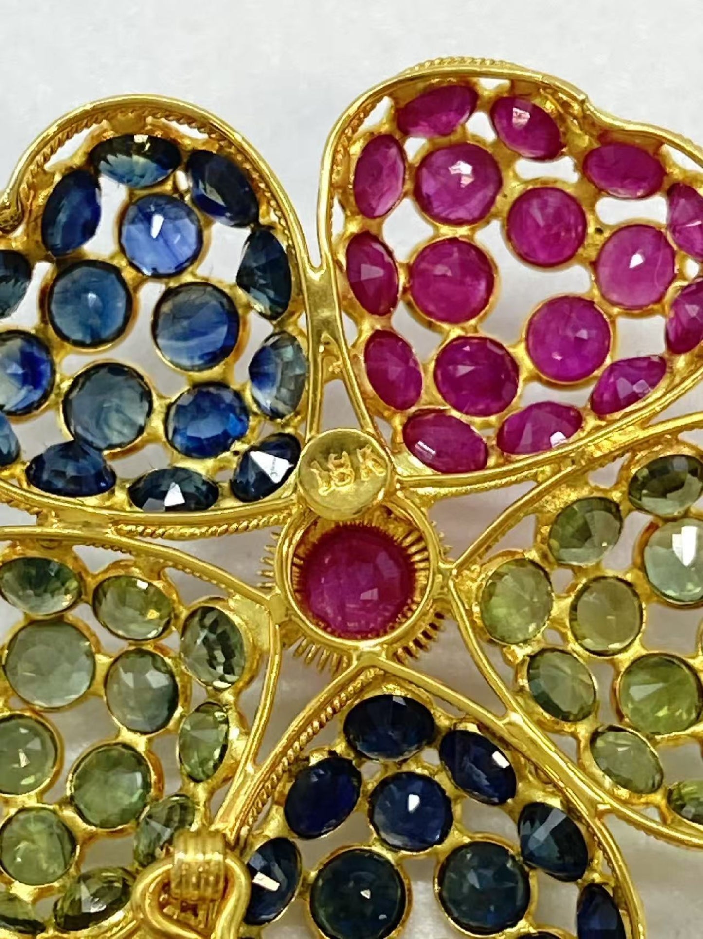Ruby, Blue Sapphire, Green Sapphire, 18K Gold, 6.1g Brooch