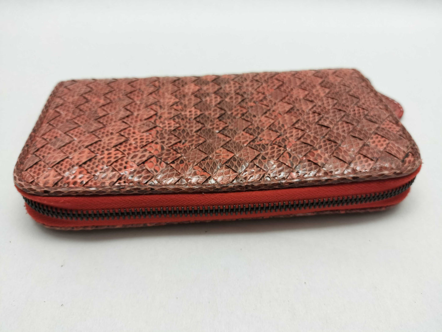 BOTTEGA VENETA Intrecciato Leather Long Wallet with Zip-Around Design, Orange