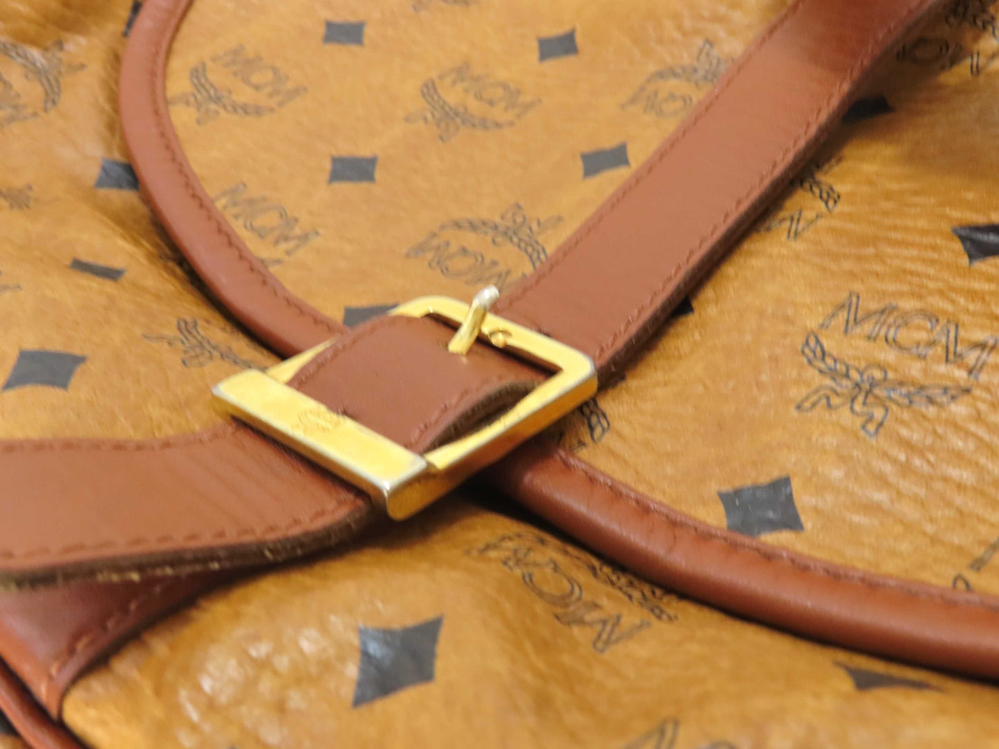 MCM Visetos Leather Shoulder Bag in Camel