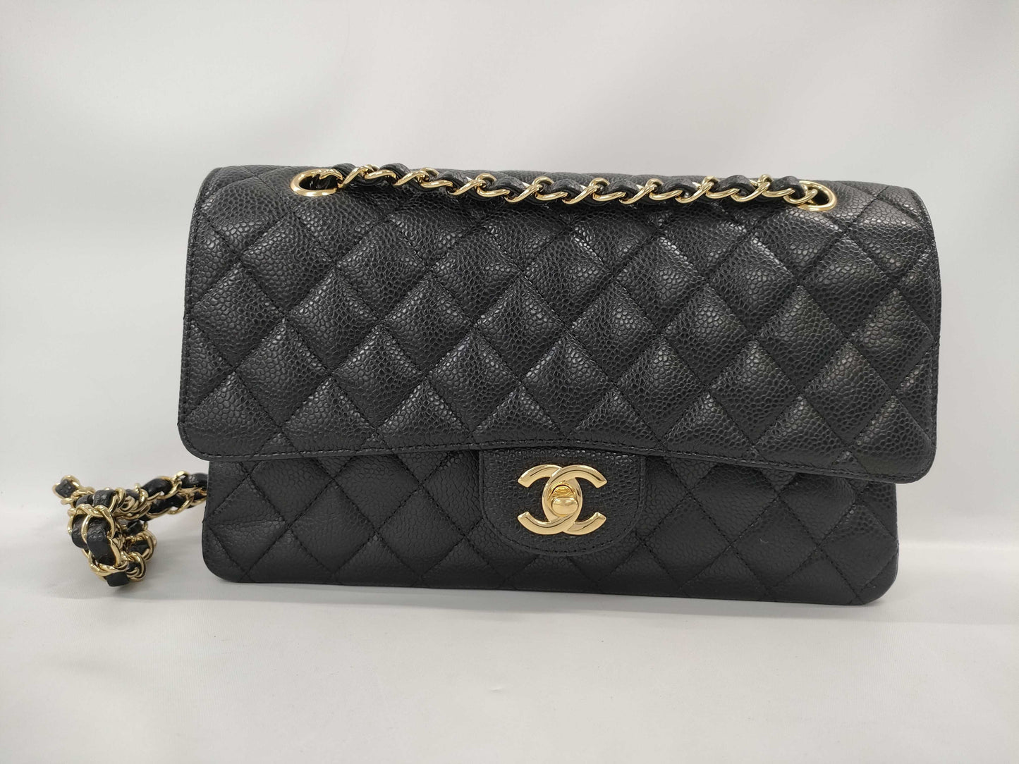 CHANEL Matelasse 25 Caviar Leather Black Double Flap Double Chain GD Hardware Size 13 Shoulder Bag