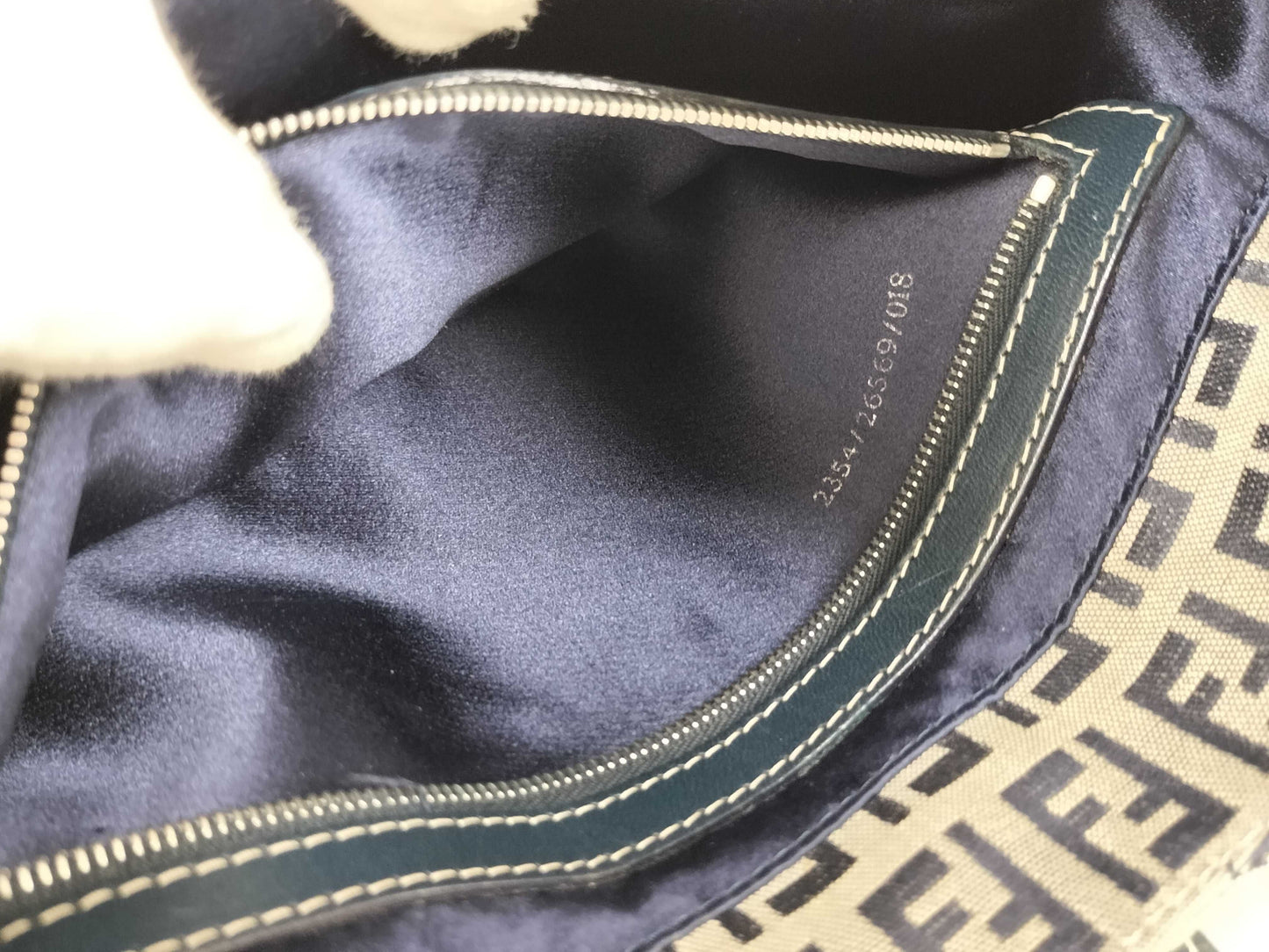 FENDI Zucchino One-Shoulder Shoulder Bag with Zucca Pattern and FF Hardware in Gray Navy
