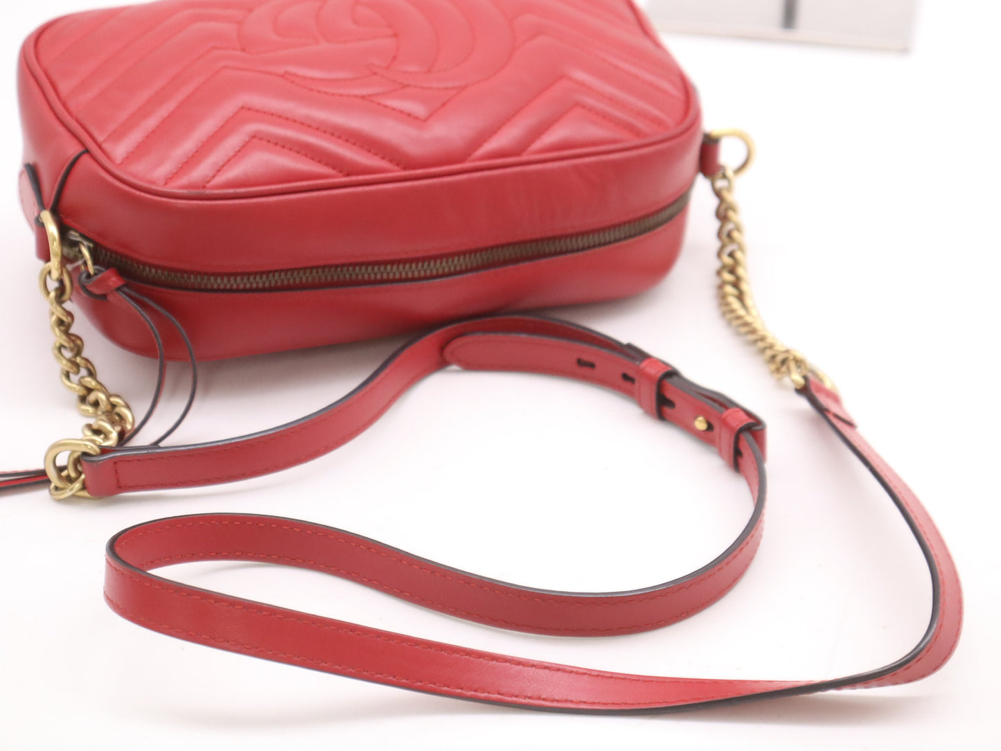 GUCCI Leather GG Marmont Quilted Small Shoulder Bag in Red with Dust Bag