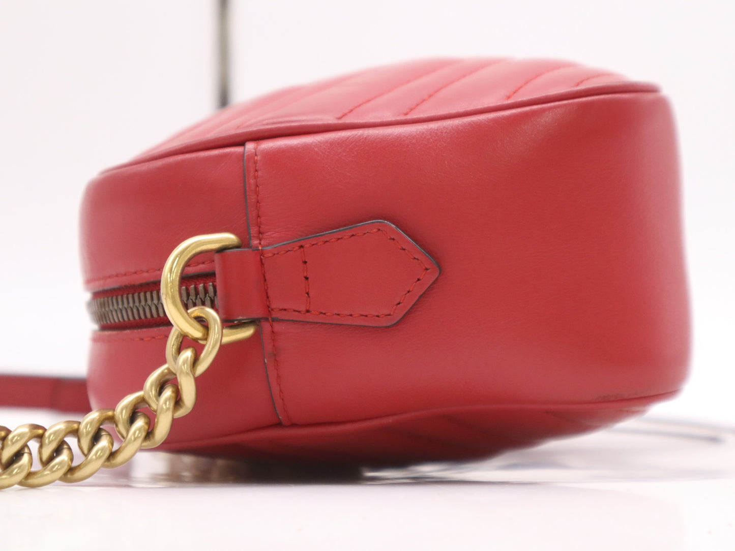GUCCI Leather GG Marmont Quilted Small Shoulder Bag in Red with Dust Bag