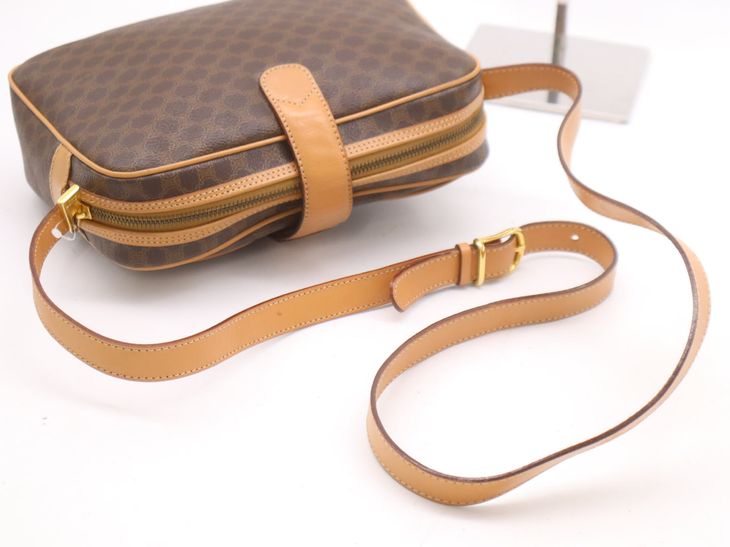 CELINE PVC and Leather Macadam Shoulder Bag in Dark Brown