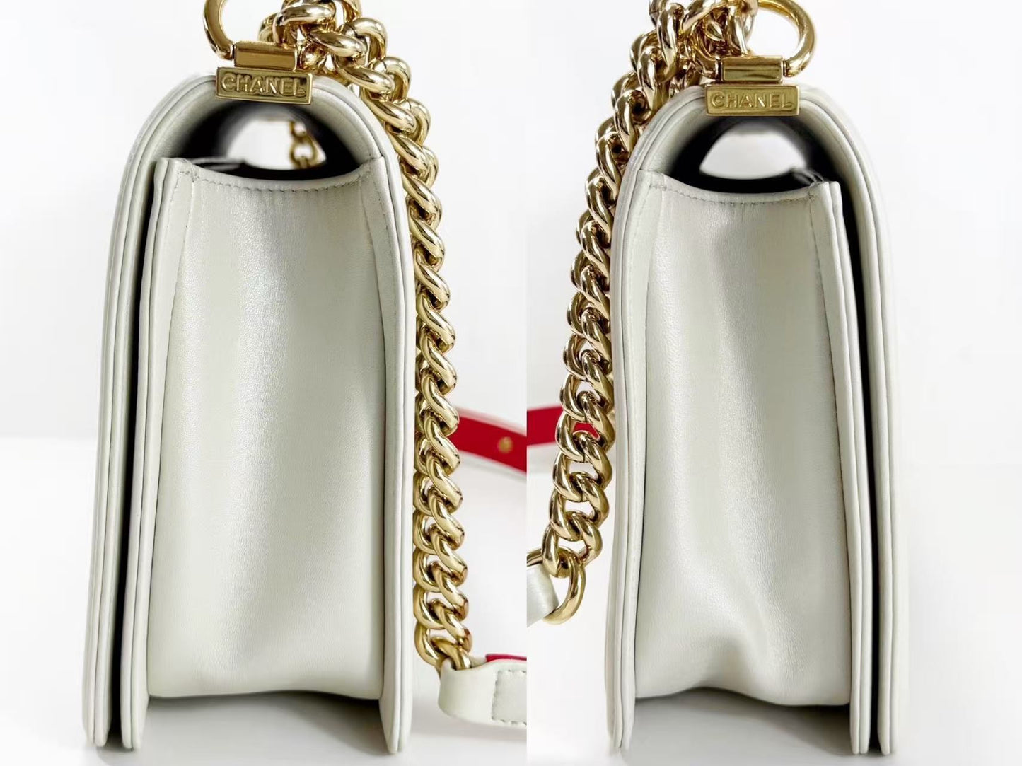 CHANEL Boy Bicolor White Shoulder Bag, W28cm , Gold Hardware, with G Card and Sticker, 18881219