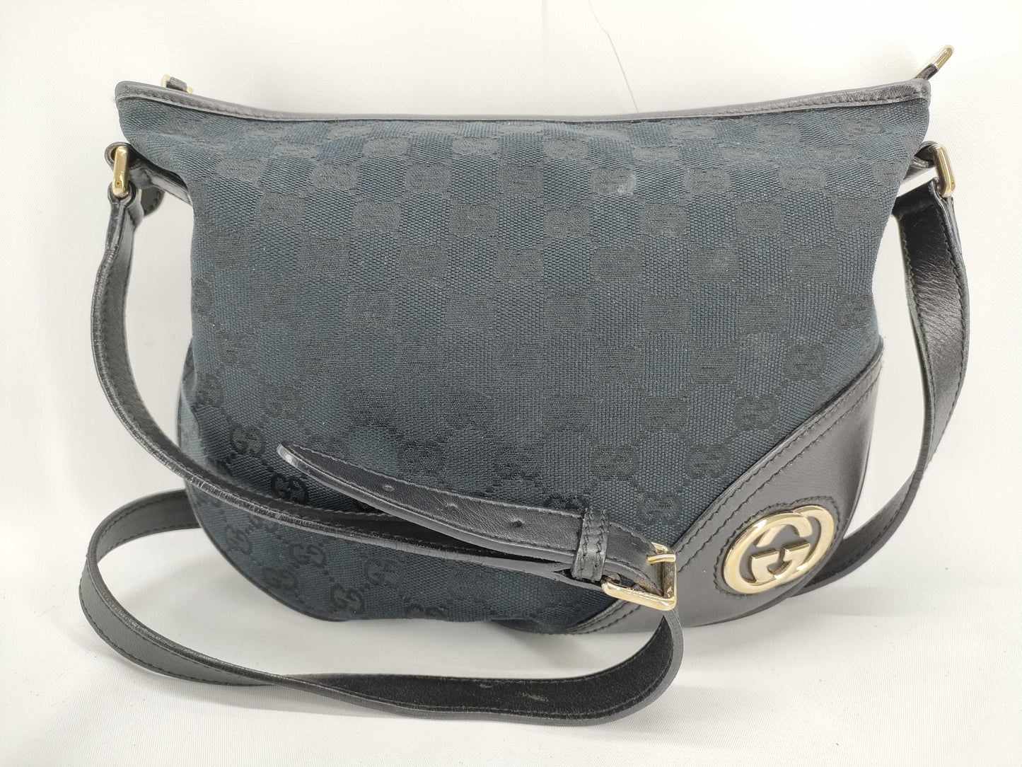 GUCCI GG Canvas Shoulder Bag, Black, Interlocking Pattern