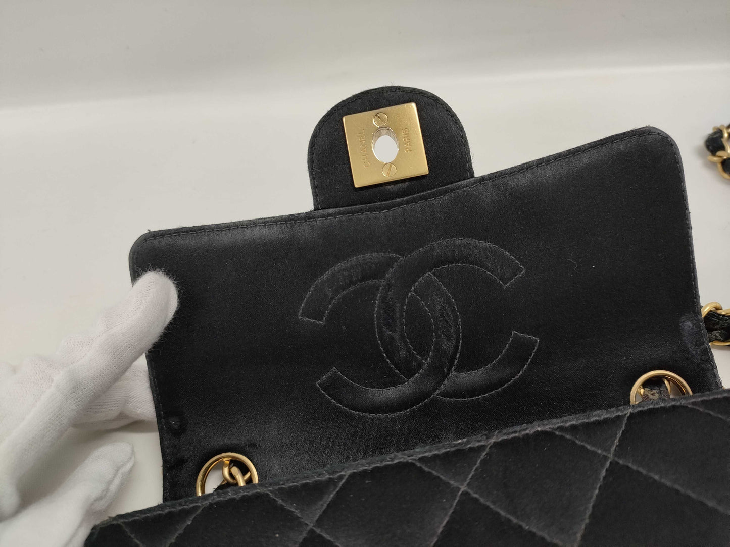 CHANEL Matelasse Satin Chain Turnlock Black Shoulder Bag