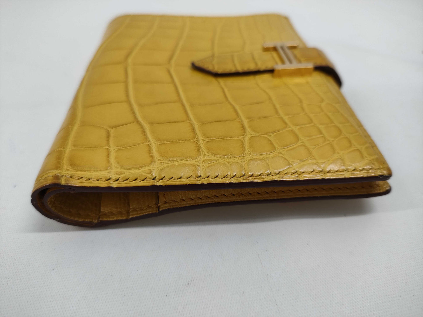 HERMES Bearn Compact Alligator Wallet, Yellow, G Hardware, Y Stamp
