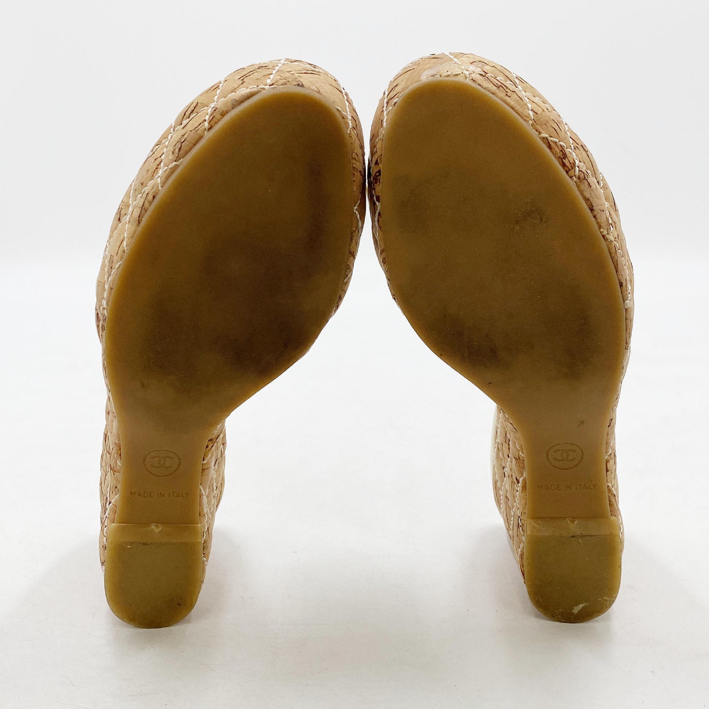 CHANEL Chanel Cork and Patent Leather Sandals, White and Brown, Size 23cm