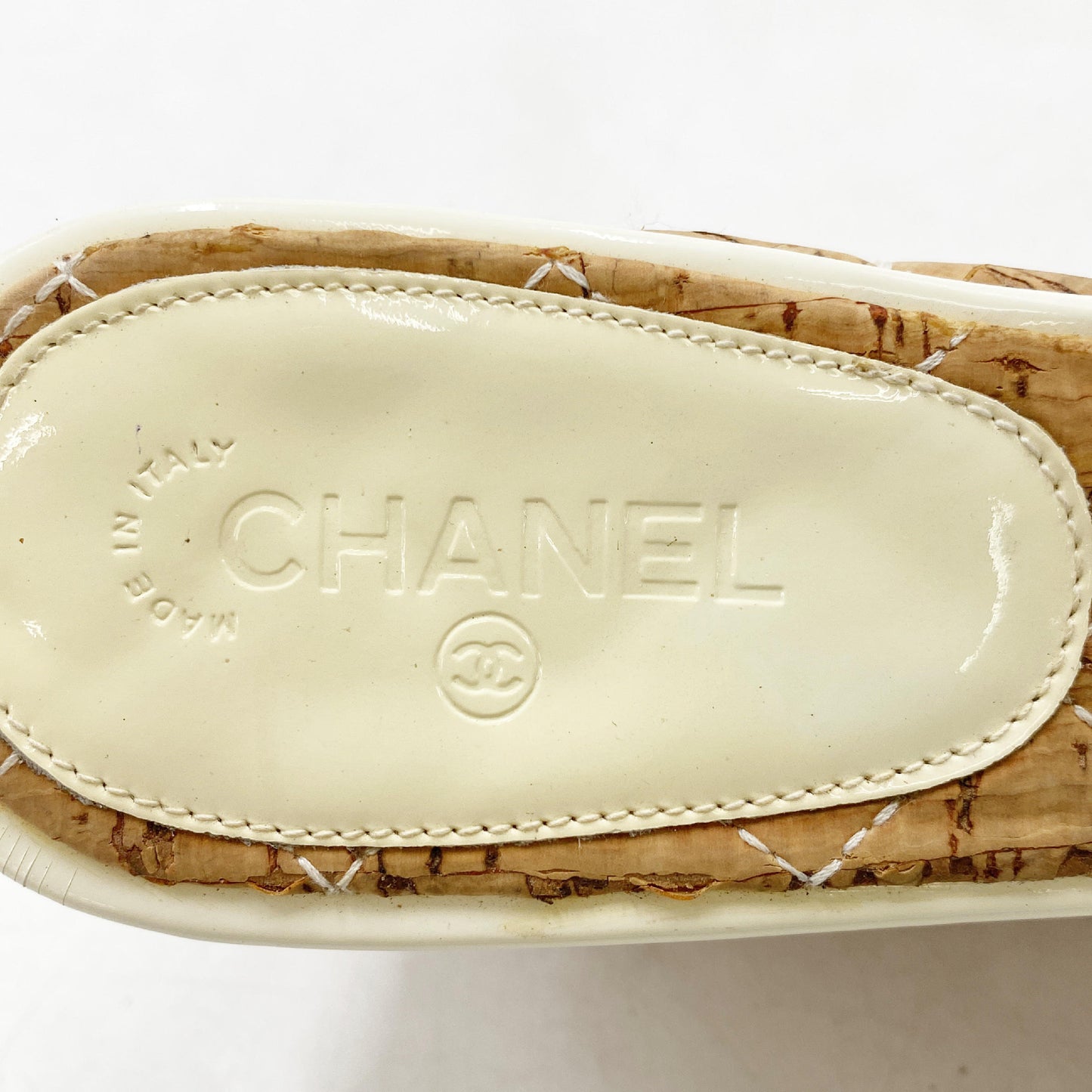 CHANEL Chanel Cork and Patent Leather Sandals, White and Brown, Size 23cm