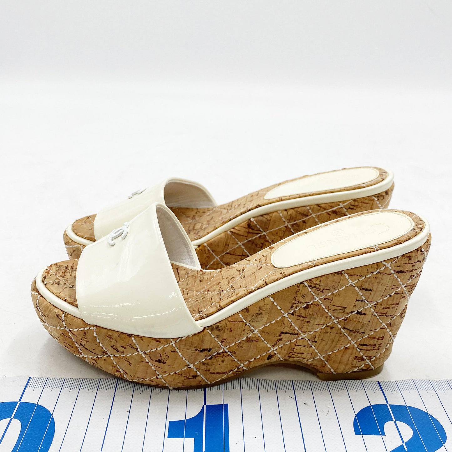 CHANEL Chanel Cork and Patent Leather Sandals, White and Brown, Size 23cm