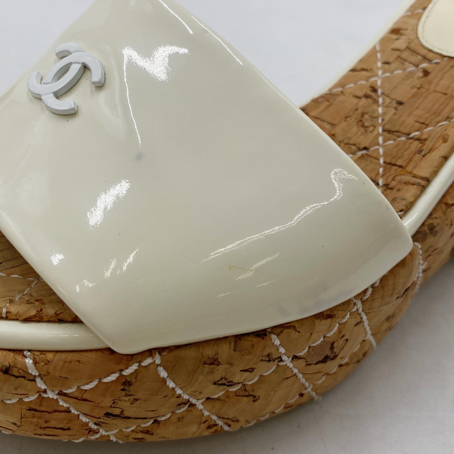 CHANEL Chanel Cork and Patent Leather Sandals, White and Brown, Size 23cm