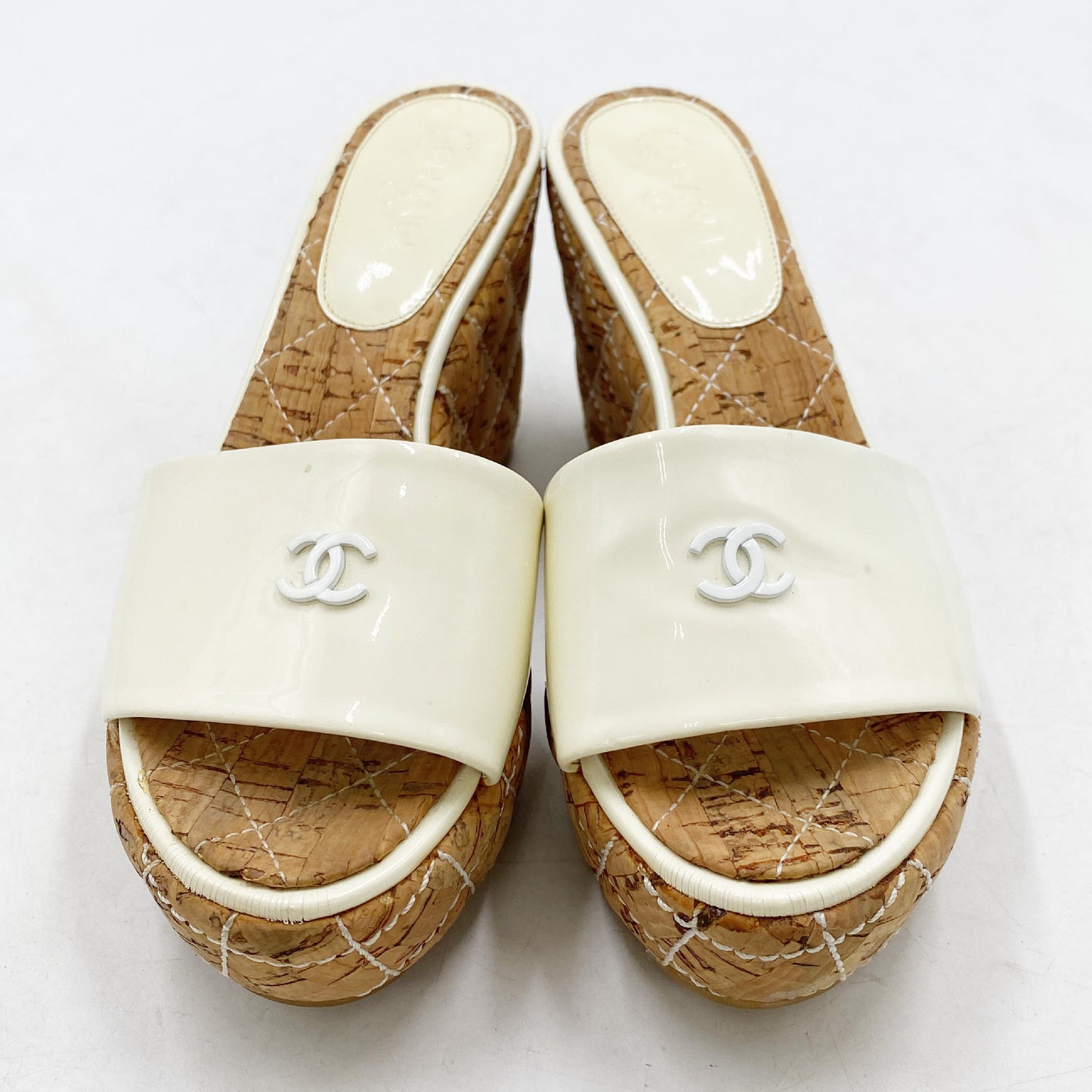 CHANEL Chanel Cork and Patent Leather Sandals, White and Brown, Size 23cm