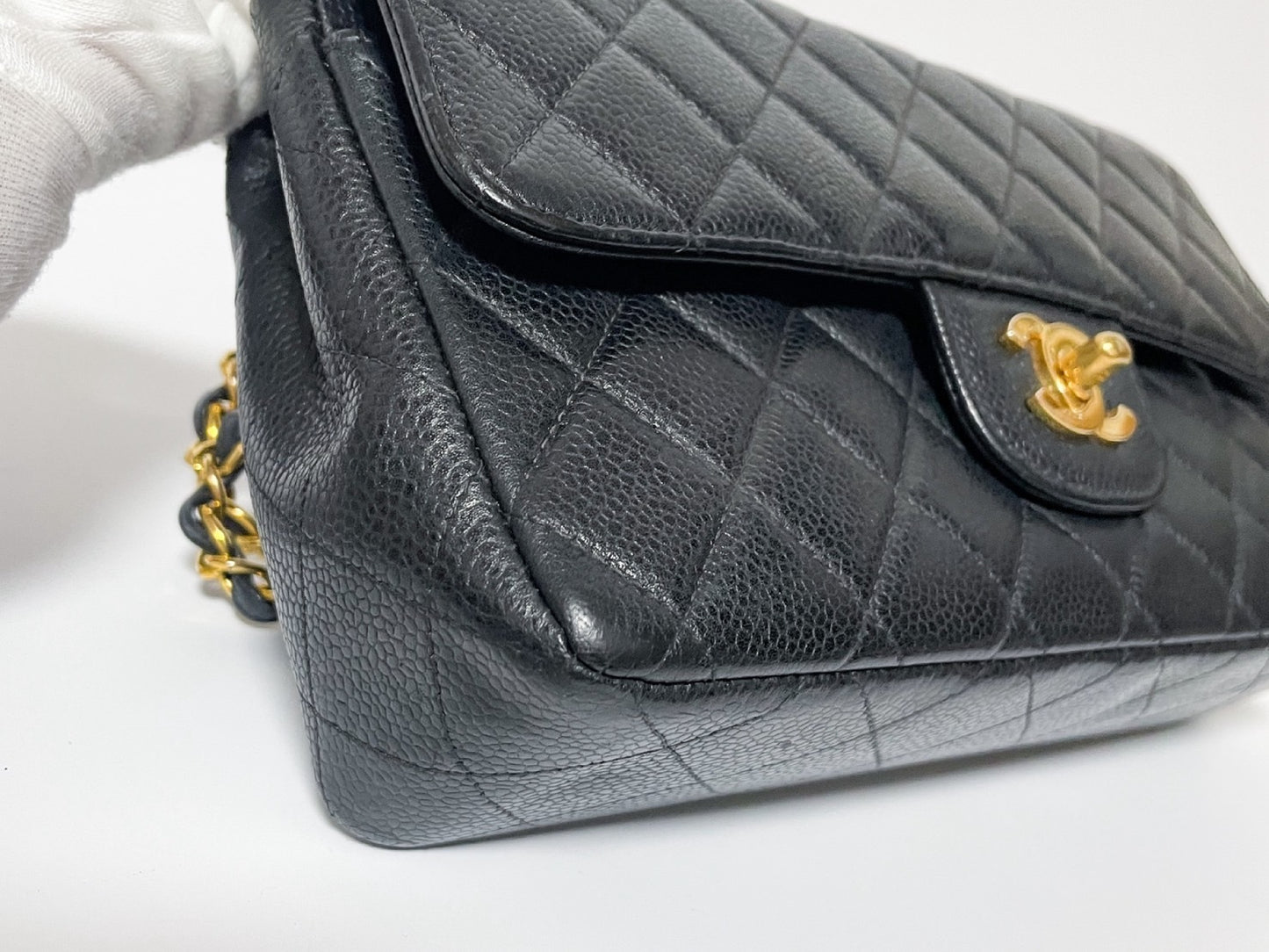 CHANEL Double Flap Caviar Leather Matelasse Black Lambskin Shoulder Bag with Seal
