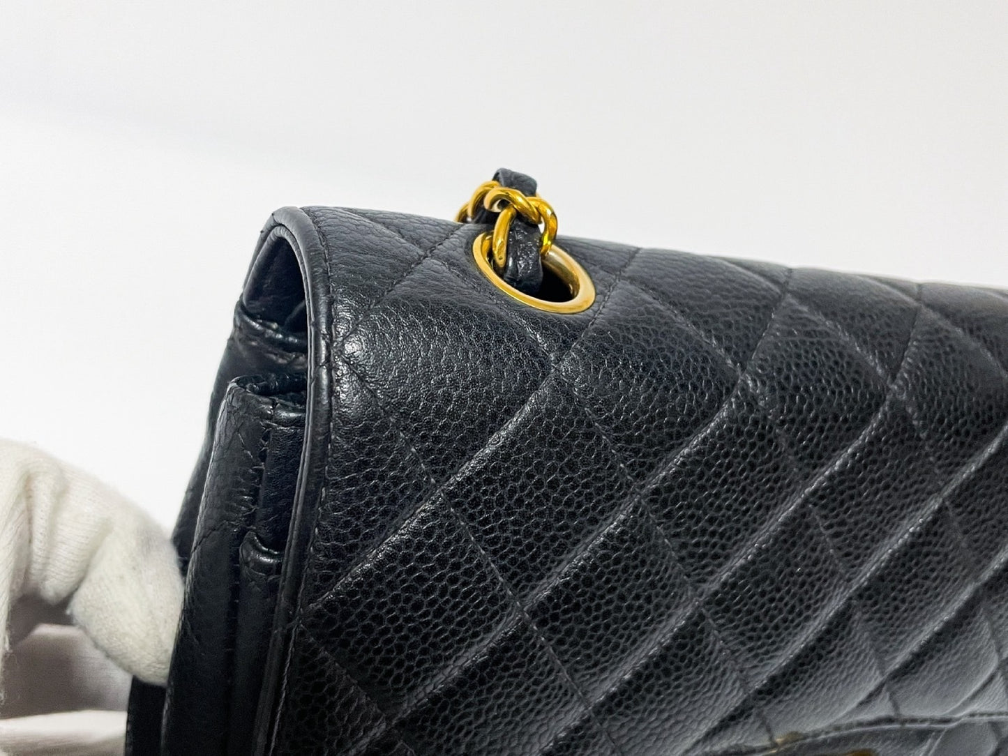 CHANEL Double Flap Caviar Leather Matelasse Black Lambskin Shoulder Bag with Seal