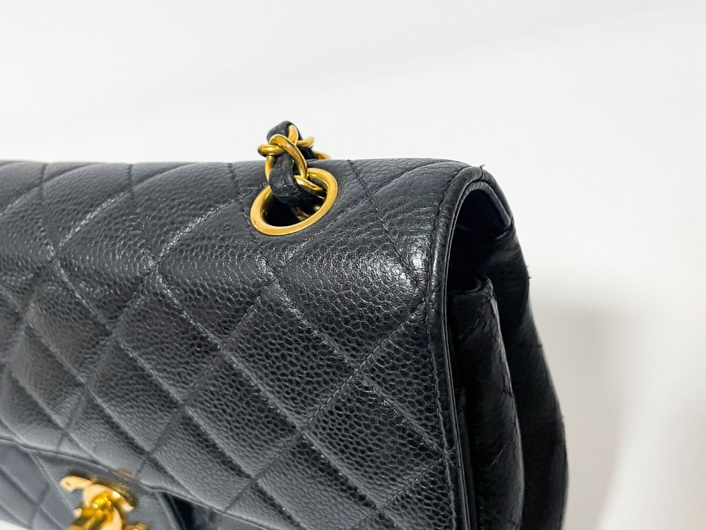 CHANEL Double Flap Caviar Leather Matelasse Black Lambskin Shoulder Bag with Seal