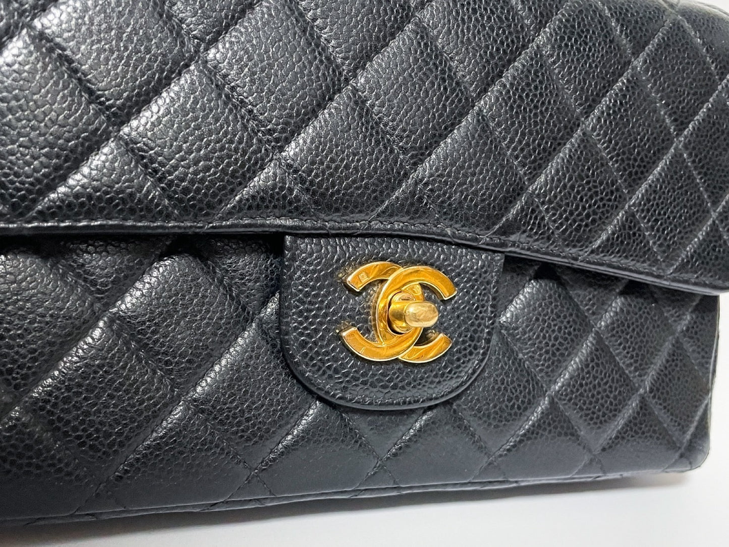 CHANEL Double Flap Caviar Leather Matelasse Black Lambskin Shoulder Bag with Seal