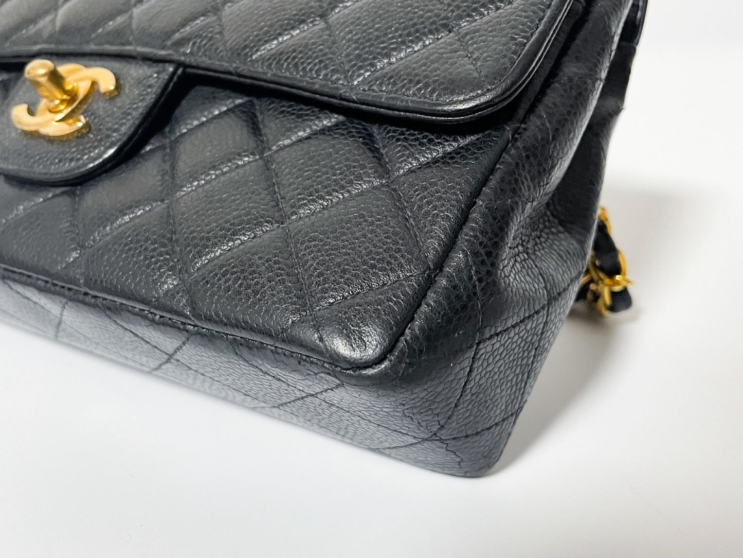 CHANEL Double Flap Caviar Leather Matelasse Black Lambskin Shoulder Bag with Seal